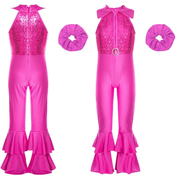 iiniim Kids Girls 70s Party Hippie Bell-Bottom Jumpsuits Sparkly Sequins Disco Dance Fancy Dress Hot Pink 12