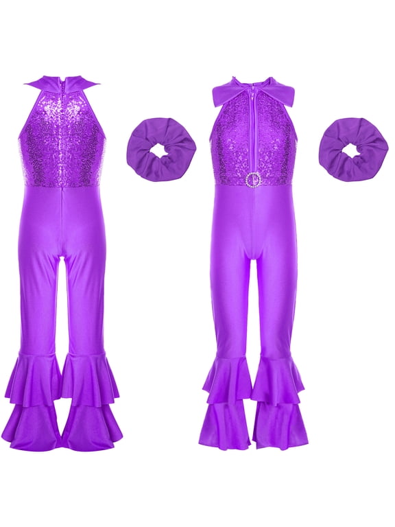 Kids Girls 70s Party Hippie Bell-Bottom Jumpsuits Sparkly Sequins Disco Dance Fancy Dress Purple 8