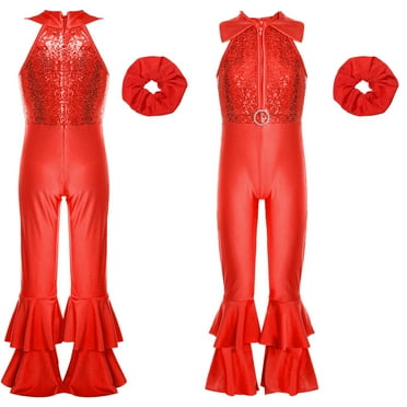 iiniim Kids Girls 70s Party Hippie Bell-Bottom Jumpsuits Sparkly Sequins Disco Dance Fancy Dress Red 14