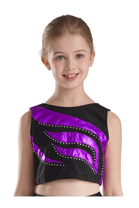 Kids Girls Active Shirts Sleeveless Rhinestones Metallic Dance Sports Tank Crop Tops 6-16
