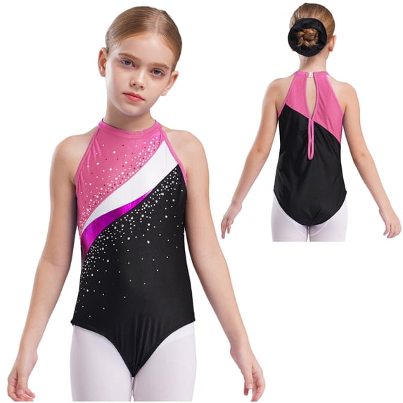 iiniim Kids Girls Ballet Dance Outfit Shiny Rhinestone Camisole with Hair Band Gymnastic 6-16 Pink 8
