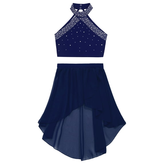 iiniim Kids Girls Ballet Lyrical Latin Modern Contemporary Dance Sparkly Vest Tops and Irregular Skirt Navy Blue 12