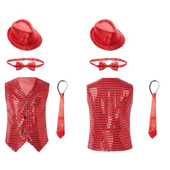 iiniim Kids Girls Boys Jazz Hip-hop Dance Outfits Vest Crop Top with Hat and Bowtie Necktie Costume A Red 9-10