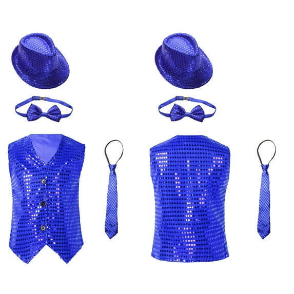 iiniim Kids Girls Boys Jazz Hip-hop Dance Outfits Vest Crop Top with Hat and Bowtie Necktie Costume Blue 4-5