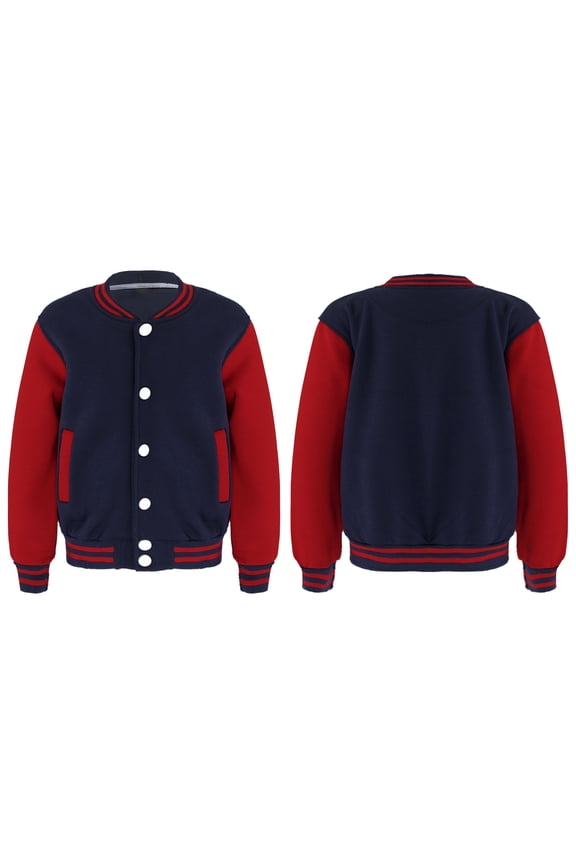 Kids Girls Boys Long Sleeves Baseball Uniform Sweatshirt Sport Varsity Style School Jackets Navy Blue 5-6