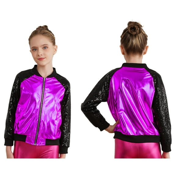 iiniim Kids Girls Boys Metallic Bomber Moto Jacket Coat Hip Hop Jazz Modern Dance Top Disco Party Costume Size 6-16 A Purple 14