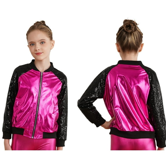 iiniim Kids Girls Boys Metallic Bomber Moto Jacket Coat Hip Hop Jazz Modern Dance Top Disco Party Costume Size 6-16 Hot Pink 12