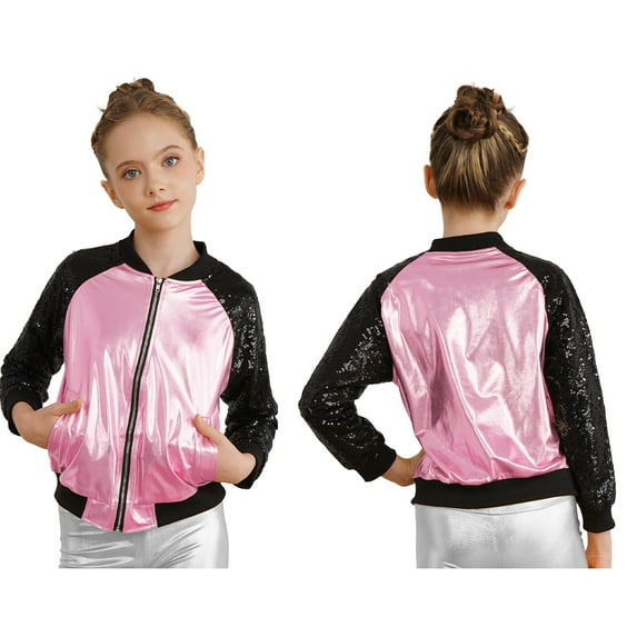 iiniim Kids Girls Boys Metallic Bomber Moto Jacket Coat Hip Hop Jazz Modern Dance Top Disco Party Costume Size 6-16 Pink 16
