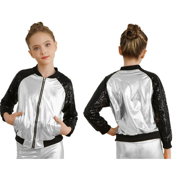 iiniim Kids Girls Boys Metallic Bomber Moto Jacket Coat Hip Hop Jazz Modern Dance Top Disco Party Costume Size 6-16 Silver 6