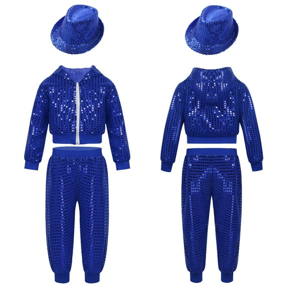 iiniim Kids Girls Boys Sequin Jazz Hip Hop Dance Performance Hooded Jacket Top with Pants and Hat Outfits A Blue 7-8