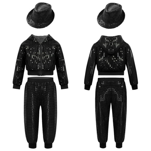 iiniim Kids Girls Boys Sequin Jazz Hip Hop Dance Performance Hooded Jacket Top with Pants and Hat Outfits Black 3-4