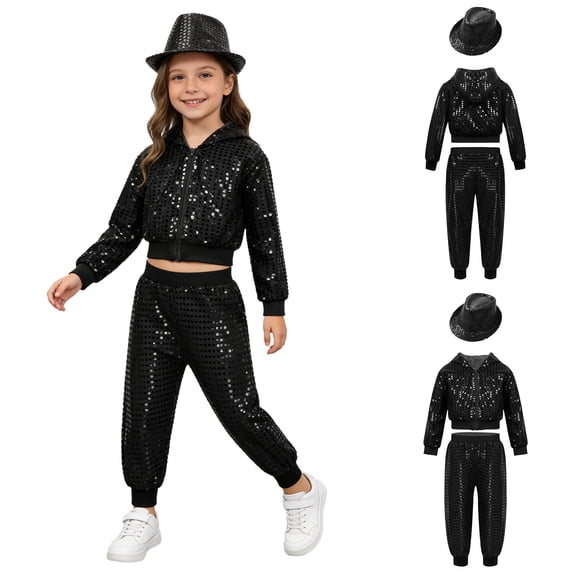 iiniim Girls Boys Sequin Jazz Hip Hop Dance Performance Hooded Jacket Top with Pants and Hat Outfits Black 7-8