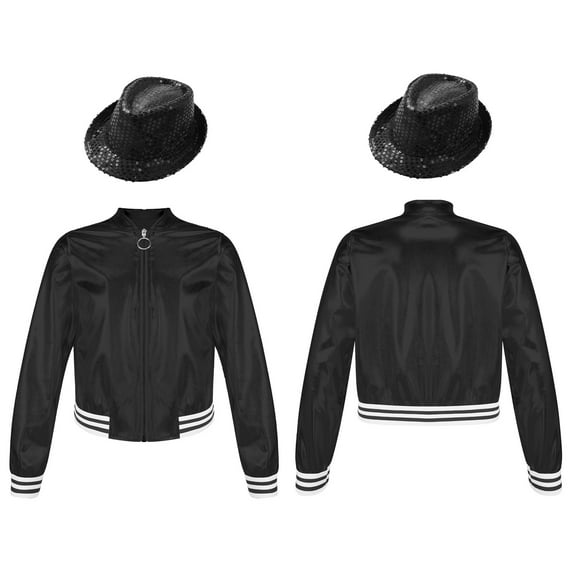 iiniim Kids Girls Boys Shiny Jacket with Hat Lightweight Flight Jacket Bomber Jacket Hip Hop Dance Costume Black 16