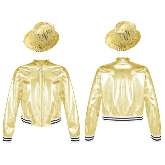 iiniim Kids Girls Boys Shiny Jacket with Hat Lightweight Flight Jacket Bomber Jacket Hip Hop Dance Costume Gold 12