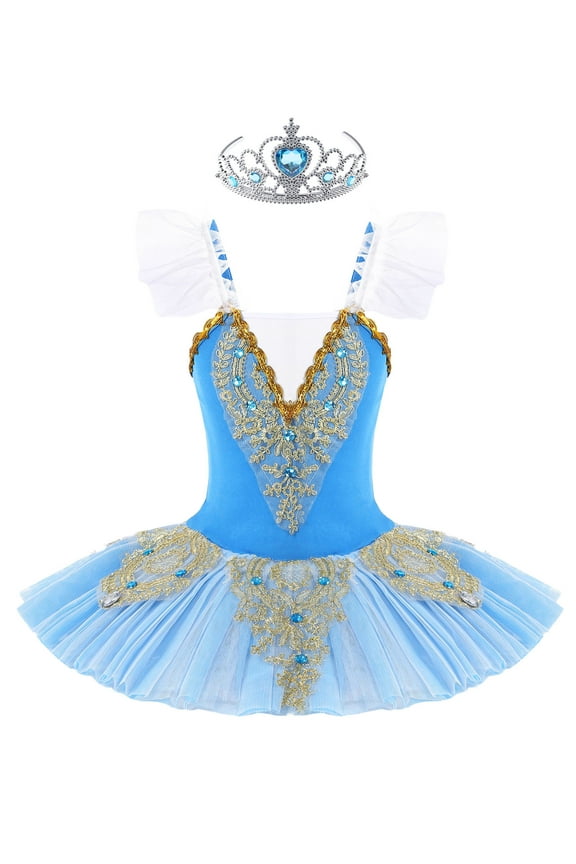 Kids Girls Camisole Skirted Leotards Swan Dance Ballet Lace Bead Ballet Tutu Dress Ballerina Type B Sky Blue 8-10