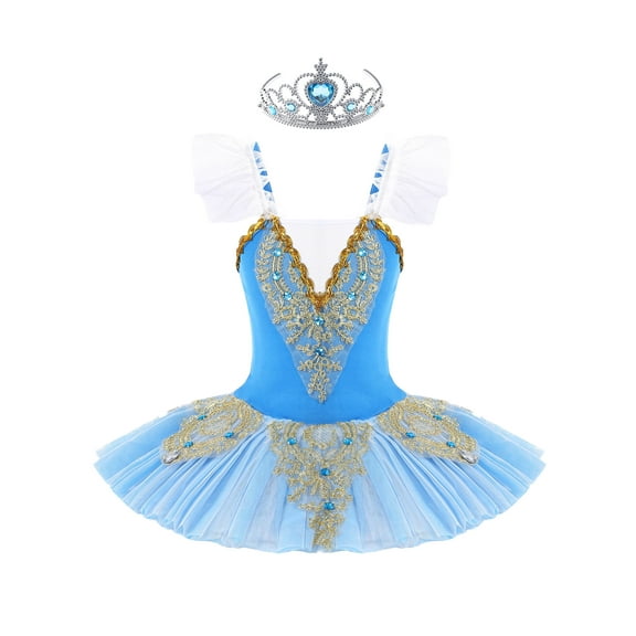 iiniim Kids Girls Camisole Skirted Leotards Swan Dance Ballet Lace Bead Ballet Tutu Dress Ballerina Type B Sky Blue 8-10