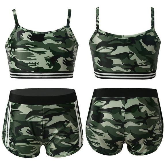 iiniim Kids Girls Camouflage Tank Crop Top Shorts Set Sports Workout Athletic Outfit Dancewear