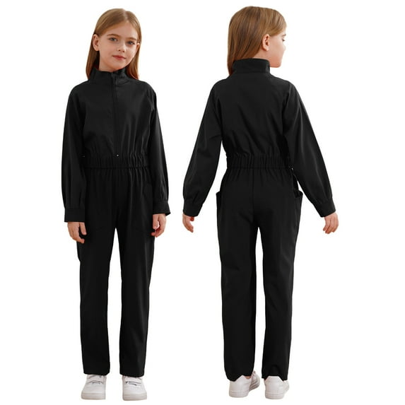 iiniim Kids Girls Casual Jumpsuit Rompers One Piece Long Sleeve Half Zip Overalls Cargo Pants Black 16
