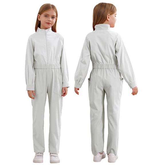 iiniim Kids Girls Casual Jumpsuit Rompers One Piece Long Sleeve Half Zip Overalls Cargo Pants Ivory 14