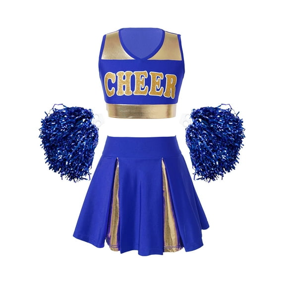 iiniim Kids Girls Cheer Leader Uniform Crop Top Pleated Skirt with Pom Poms Dancewear Blue 8