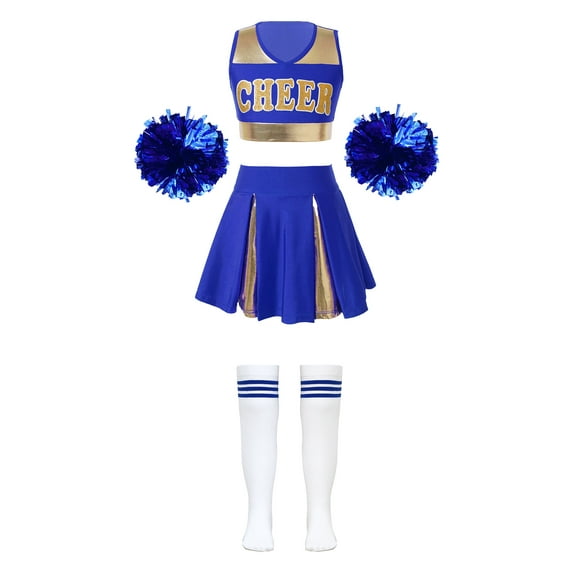 iiniim Kids Girls Cheer Leader Crop Top with Pleated Skirt Pom Pom Socks Party Dancewear A Blue A 14