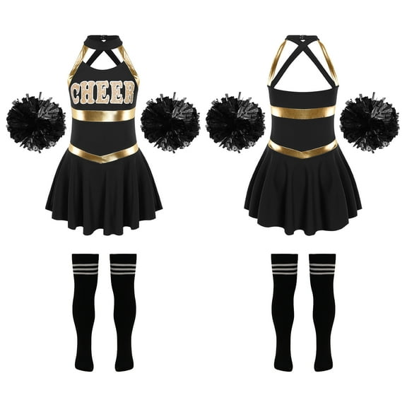 iiniim Kids Girls Cheer Leader Dance Cheerleading Uniform Dress with Pom Pom Socks Party A Black&White 10