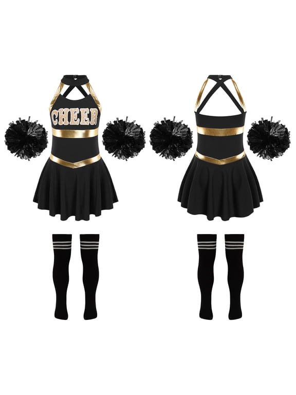 Kids Girls Cheer Leader Dance Cheerleading Uniform Dress with Pom Pom Socks Party A Black&White 8