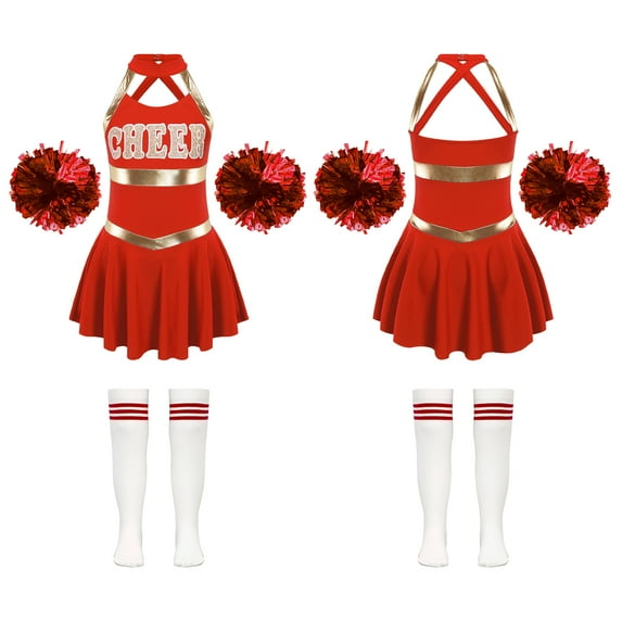 iiniim Kids Girls Cheer Leader Dance Cheerleading Uniform Dress with Pom Pom Socks Party Red A 16