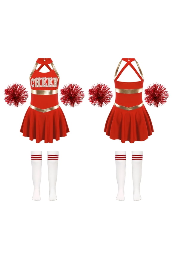 Kids Girls Cheer Leader Dance Cheerleading Uniform Dress with Pom Pom Socks Party Red B 16