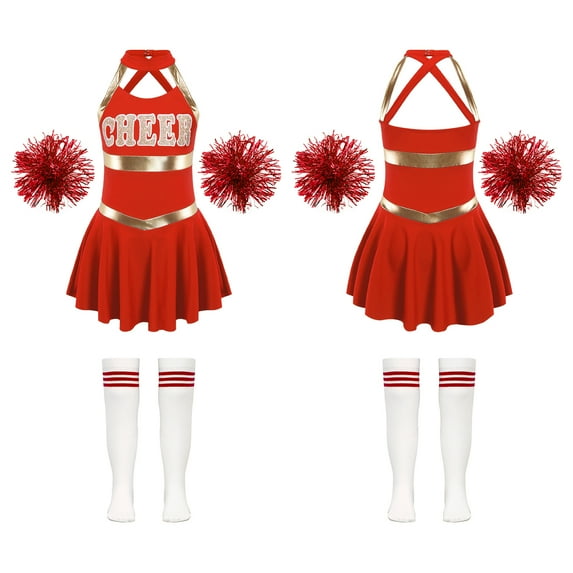 iiniim Kids Girls Cheer Leader Dance Cheerleading Uniform Dress with Pom Pom Socks Party Red B 6