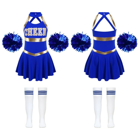 iiniim Kids Girls Cheer Leader Dance Cheerleading Uniform Dress with Pom Pom Socks Party Royal Blue A 12