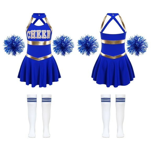 iiniim Kids Girls Cheer Leader Dance Cheerleading Uniform Dress with Pom Pom Socks Party Royal Blue B 8