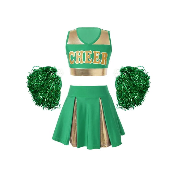 iiniim Kids Girls Cheer Leader Uniform Crop Top Pleated Skirt with Pom Poms Dancewear Green 12
