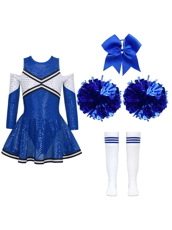 Kids Girls Cheerleading Cheer Leader Dance Dress with Pom Poms Headwear Socks Party A Blue 8