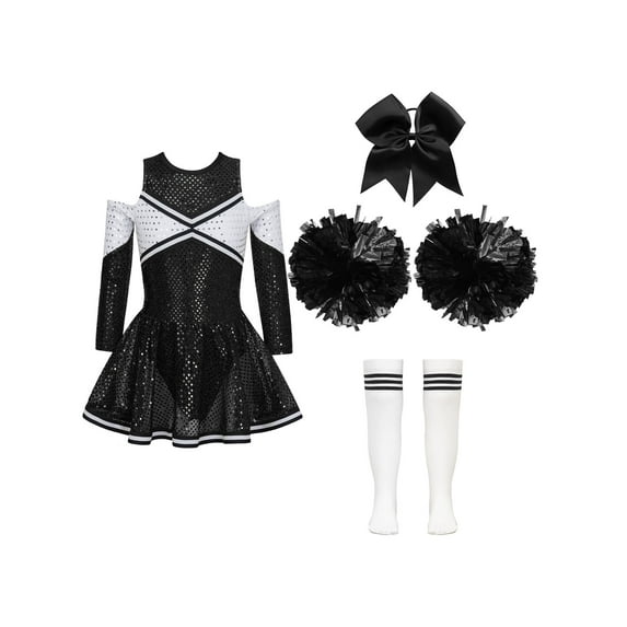 iiniim Kids Girls Cheerleading Cheer Leader Dance Dress with Pom Poms Headwear Socks Party A White&Black 16