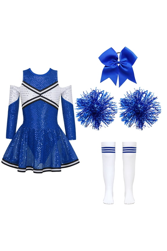 Kids Girls Cheerleading Cheer Leader Dance Dress with Pom Poms Headwear Socks Party B Blue 10