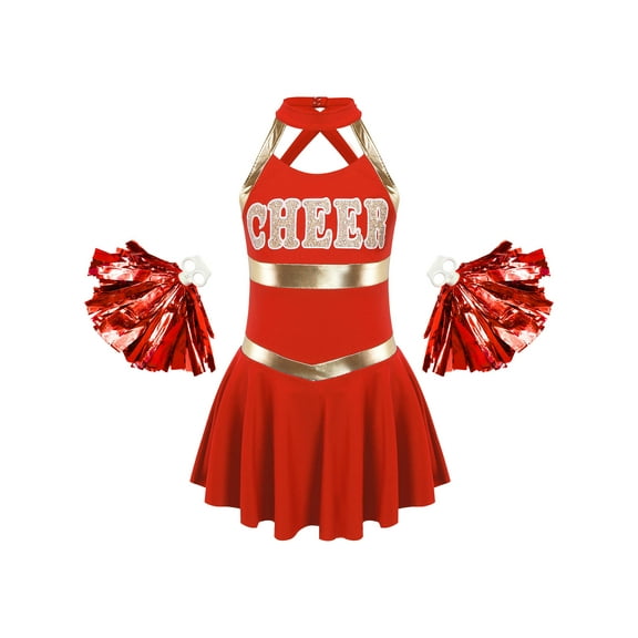 iiniim Kids Girls Cheerleading Performance Uniform Dance Party Dress with Pom Poms Red 8