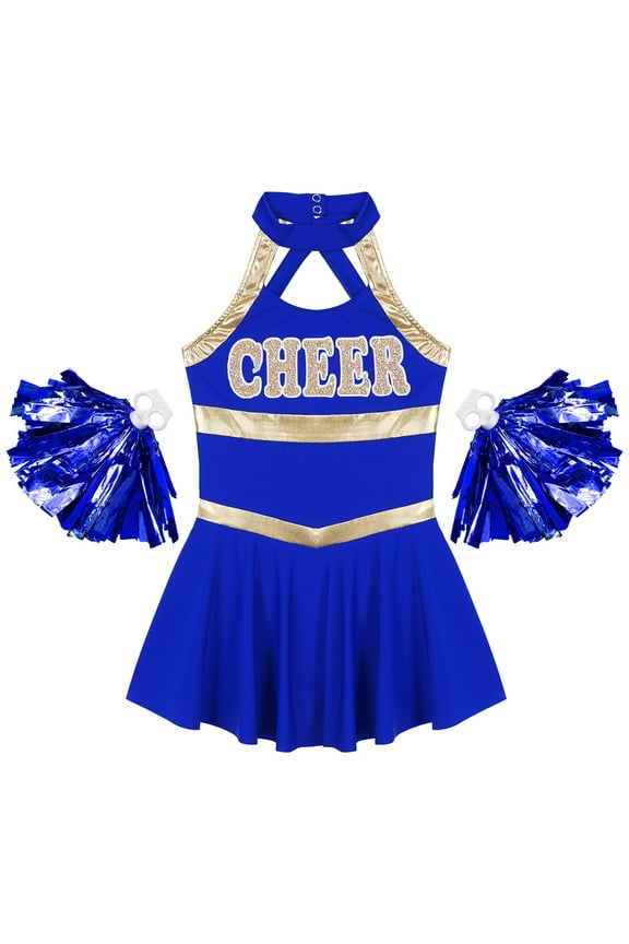 Kids Girls Cheerleading Performance Uniform Dance Party Dress with Pom Poms Royal Blue 6