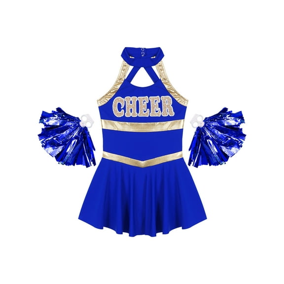 iiniim Kids Girls Cheerleading Performance Uniform Dance Party Dress with Pom Poms Royal Blue 8