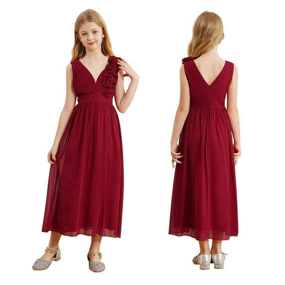 iiniim Kids Girls Chiffon Ruched Junior Bridesmaid A Line Swing Maxi Formal Pageant Prom Dress Burgundy 16