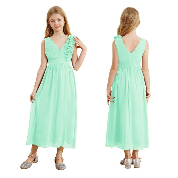iiniim Kids Girls Chiffon Ruched Junior Bridesmaid A Line Swing Maxi Formal Pageant Prom Dress Mint Green 6