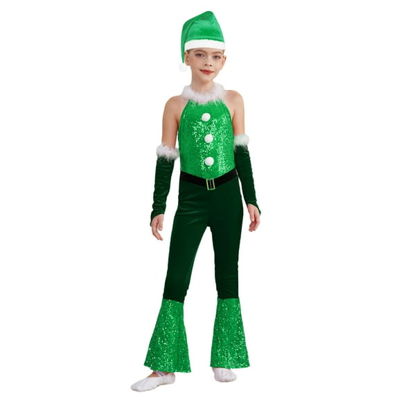 iiniim Kids Girls Christmas Costume Sequins Disco Dance Jumpsuit Bodysuits with Arm Sleeve Santa Hats Set Green 10