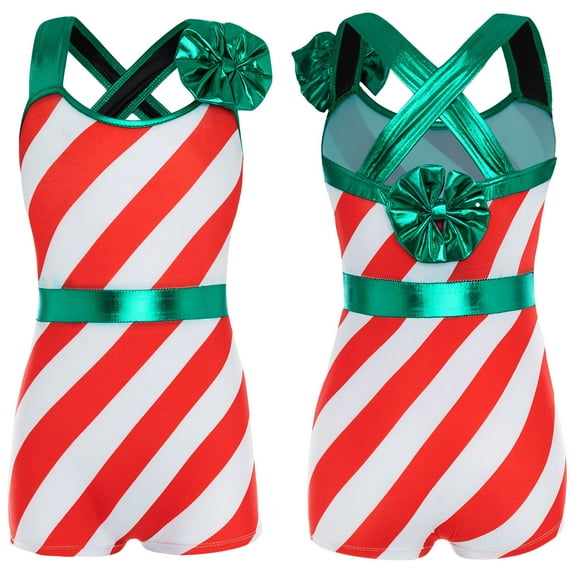 iiniim Kids Girls Christmas Dance Costume Sleeveless Stripes Print Leotard Bodysuit Dancewear