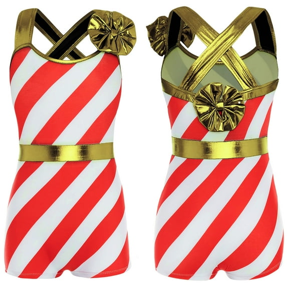 iiniim Kids Girls Christmas Dance Costume Sleeveless Stripes Print Leotard Bodysuit Dancewear