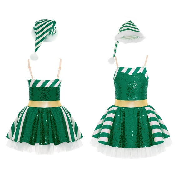 iiniim Kids Girls Christmas Dance Leotard Figure Ice Skating Bodysuit Mesh Tutu Dance Dress with Hat Size 6-16 Green 10