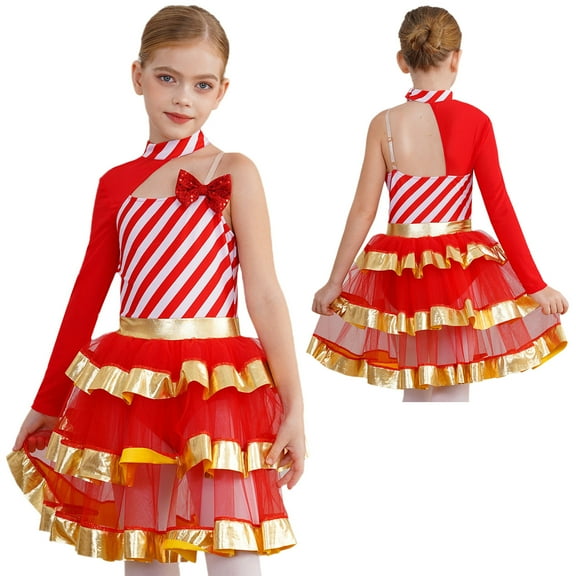 iiniim Kids Girls Christmas Dance One Shoulder Long Sleeve Ballet Tutu Leotard Figure Ice Skating Dress Red 16