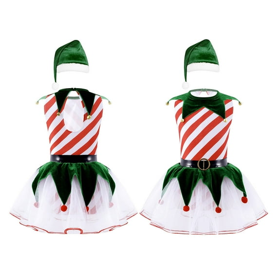 iiniim Kids Girls Christmas Ms.Santa Elf Costume Figure Ice Skating Ballet Leotard Dance Tutu Dress with Hat Size 4-16 Red 16