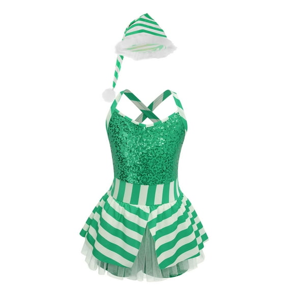 iiniim Kids Girls Christmas Outfit Stripes Sequins Dance Leotard with Hat Figure Skating Xmas Costume Green 10