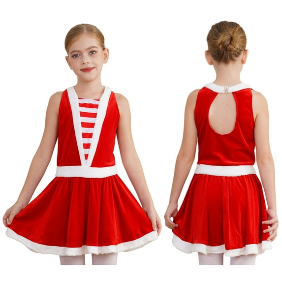 iiniim Kids Girls Christmas Santa Claus Sleeveless Striped Velvet Princess Dance Dress Holiday Party Size 6-14 Red 14
