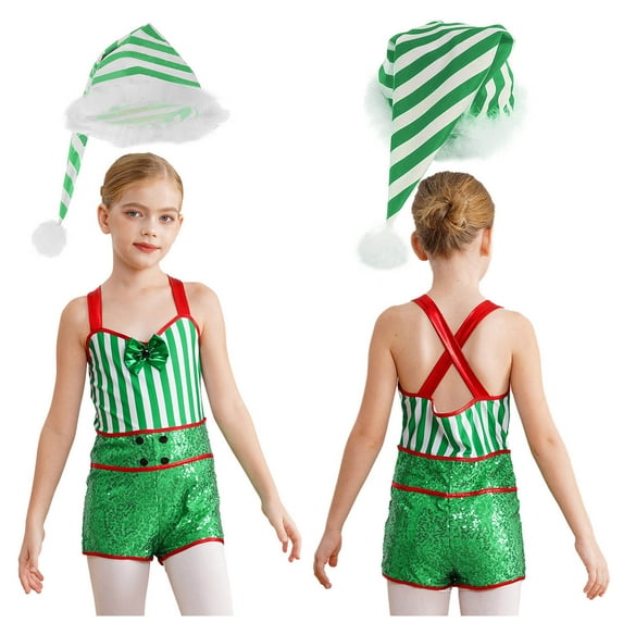 iiniim Kids Girls Christmas Set Sleeveless Bowknot Striped Sequin Leotard with Hat for Festival Party Size 6-16 Green 14
